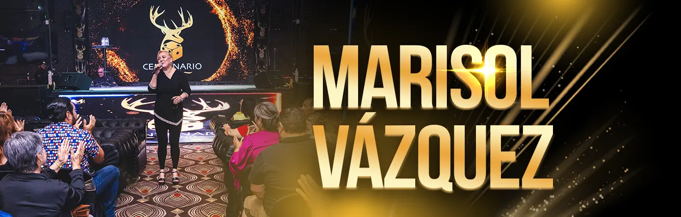 Banner promocional de la comediante Marisol Vázquez en Casino Centenario, con su nombre en letras doradas.